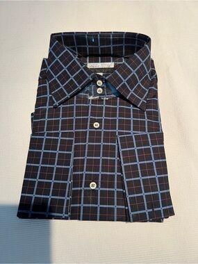 100% cotton Men's Black Plaid Dress Shirt with Blue & Red Windowpane